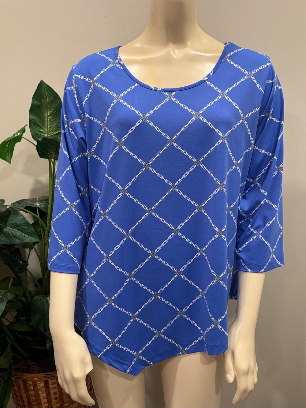 Lulu-B Royal Blue Scoop Neck Long Sleeve Top with White Diamond Grid